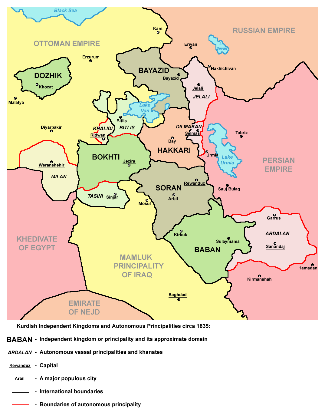Map of the Kurdish states in 1835